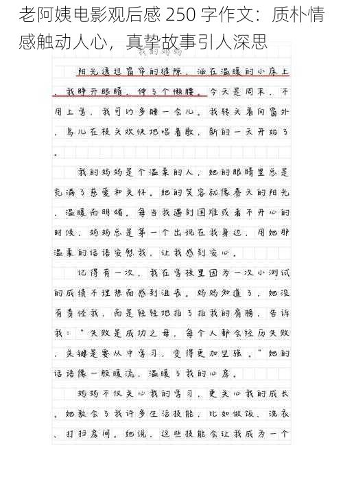 老阿姨电影观后感 250 字作文：质朴情感触动人心，真挚故事引人深思