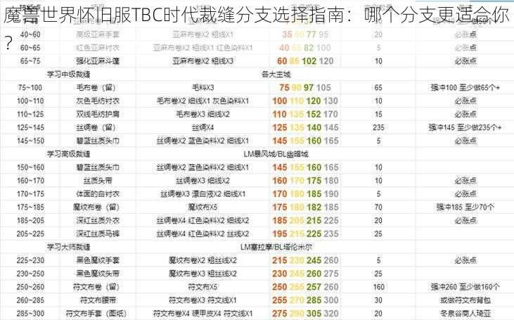 魔兽世界怀旧服TBC时代裁缝分支选择指南：哪个分支更适合你？